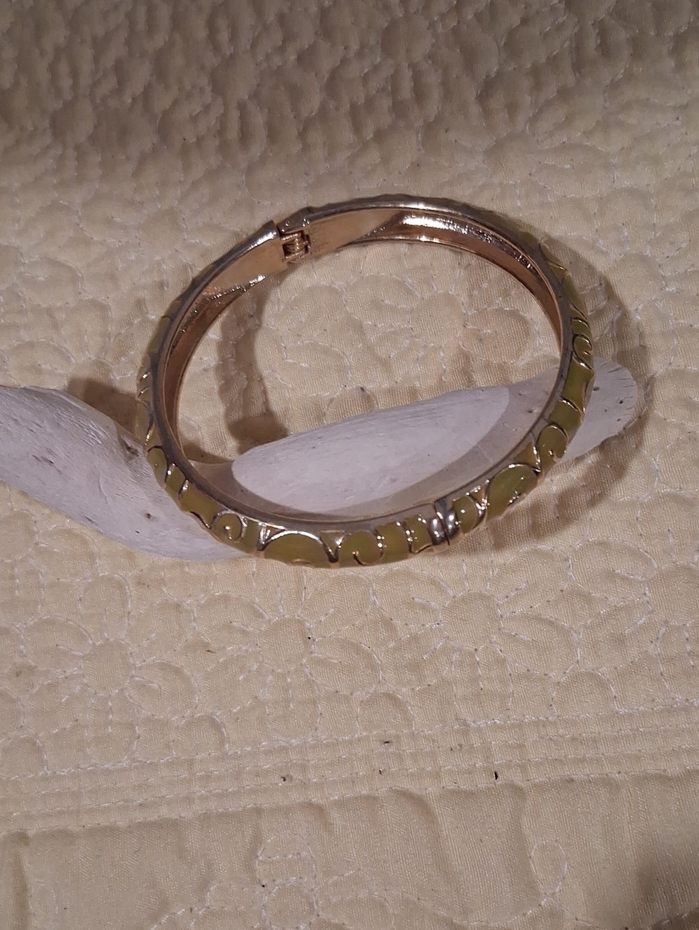 Gold-Tone Hinged Bangle with Olive Enamel Accents